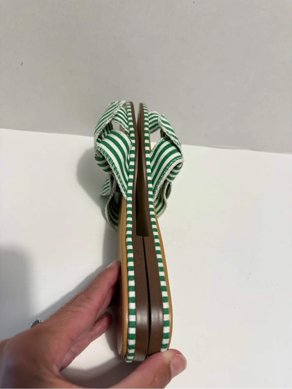 J.Crew green white striped bow slide sandals slip on ladies 7